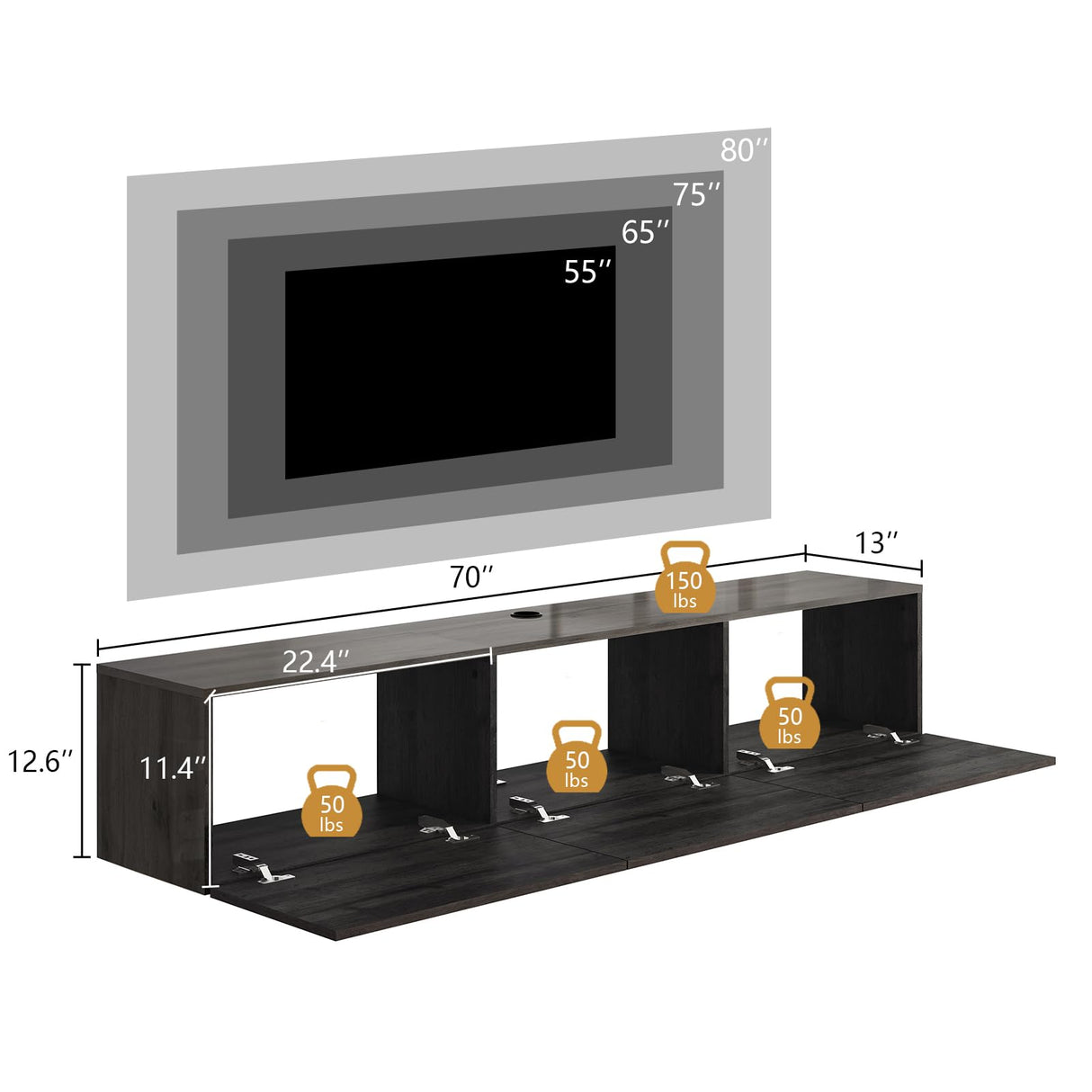 AMERLIFE 70" Floating TV Stand with LED Lights and Power Outlet, High Gloss Wooden Texture Wall Mounted Media Console Entertainment Center for TVs Up to 80", Black AMERLIFE