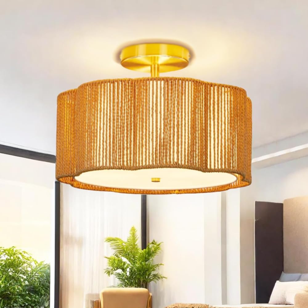 Rattan Ceiling Light Fixtures flush mount,Boho Ceiling Light,Semi Flush Mount Ceiling Light,Small Rattan chandelier for bedroom,Nursery Light Fixture,Drum Light Fixture,Rattan Mini Chandelier Jolydoly