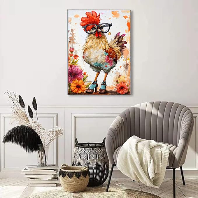 Ekuxom Chicken Diamond Art Kits for Adults, Diamond Painting Kits for Adults, Full Drill Round Funny Diamond Painting Chicken Kits Wall Art Decor 12x16inch Ekuxom
