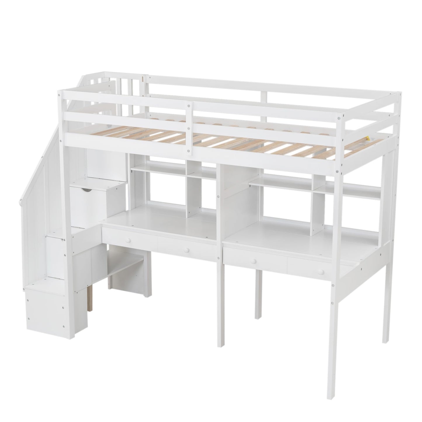 Harper & Bright Designs Twin Loft Bed with Stairs and Double Desks in White - Versatile Storage Solution for Kids - WoodArtSupply