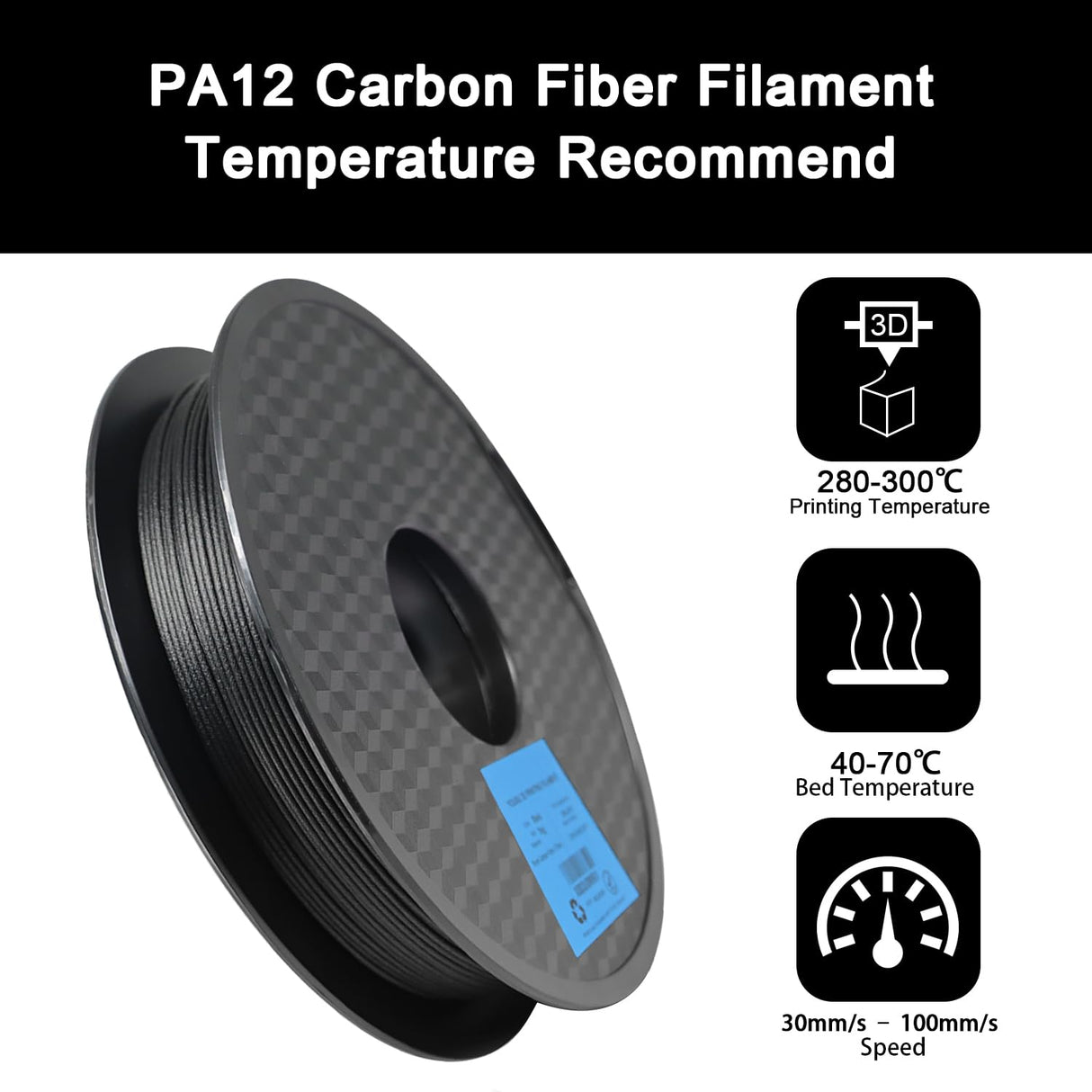 Yousu PA12-CF Filament, Nylon Filament 1.75 Black, 500g Carbon Fiber Nylon Filament, 1.75mm PA12-CF Warp Free & Moisture Free Nylon 3D Printer Filament. Yousu