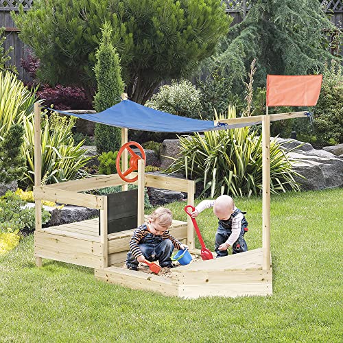 Outsunny Kids Wooden Sandbox with Cover, 71" Kids Sandbox w/Flag, Canopy Shade, Bottom Liner, Blackboard, Outdoor Sand Pit for 3-8 Years Old, Natural Wood - WoodArtSupply