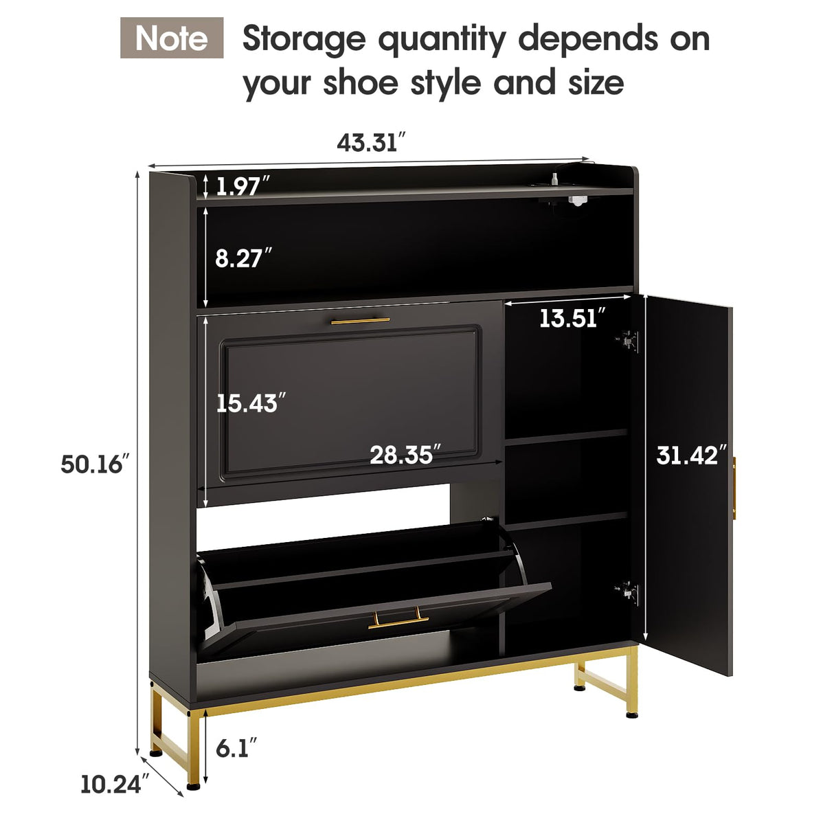 Shoe Storage with 2 Flip Drawers & Side Cabinet Freestanding Organizer with LED Light and Charging Station Narrow Shoe Rack with Metal Legs & Adjustable Shelf for Entryway,Hallway,Living Room,Black Maupvit