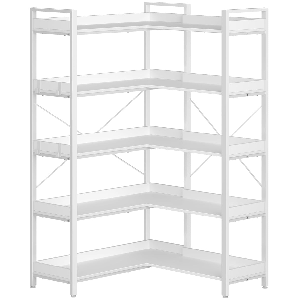 Rolanstar Bookshelf 5 Tier with 4 Hooks, Reversible Corner Bookshelf, 65" Industrial Wooden Bookcase with Open Shelves and Metal Frame for Living Room, Bedroom, Home Office, White Rolanstar