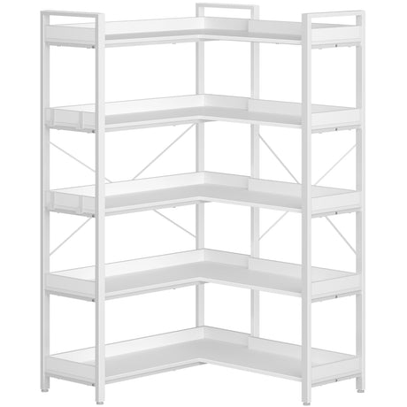 Rolanstar Bookshelf 5 Tier with 4 Hooks, Reversible Corner Bookshelf, 65" Industrial Wooden Bookcase with Open Shelves and Metal Frame for Living Room, Bedroom, Home Office, White Rolanstar