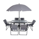 JOYTIO Folding Patio Dining Set, Garden Patio Furniture Set, 8-Piece Outdoor Dining Set with Tilted Removable Umbrella, 6 Folding Chairs, and 1 Rectangular Tempered Glass Table – Grey JOYTIO