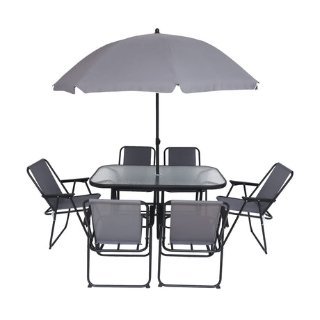 JOYTIO Folding Patio Dining Set, Garden Patio Furniture Set, 8-Piece Outdoor Dining Set with Tilted Removable Umbrella, 6 Folding Chairs, and 1 Rectangular Tempered Glass Table – Grey JOYTIO