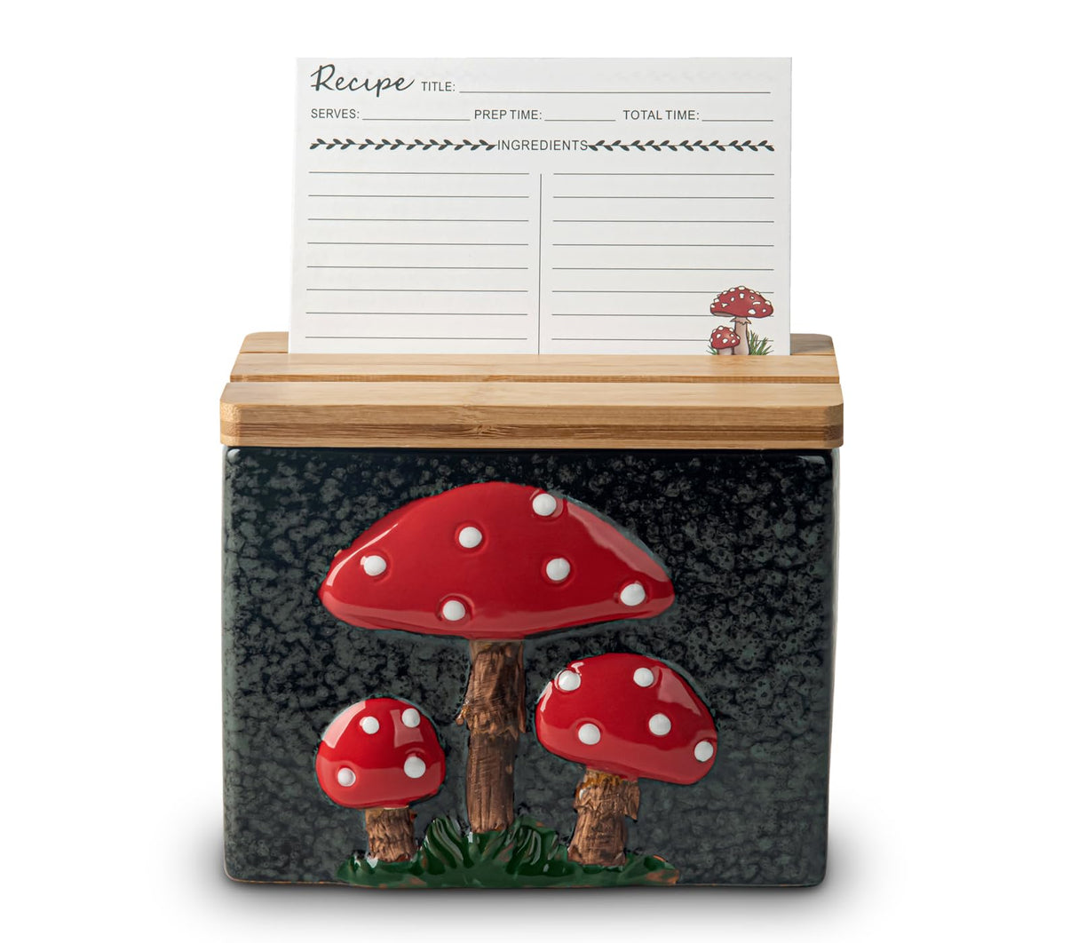 dgudgu Mushroom Recipe Box With Cards And Dividers Ceramic Recipe Card Box Cute Recipe Box And Cards Black Recipe Cards And Box Set With Bamboo Lid dgudgu