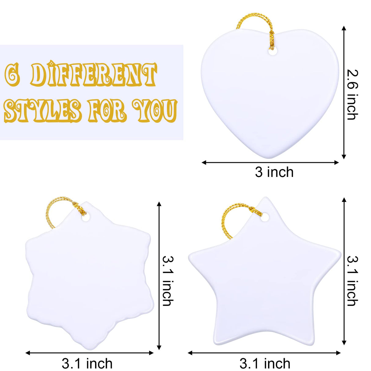 6 Pieces Sublimation Ceramic Ornament Blanks Christmas Snowflake Ceramic Ornament with Golden Ribbon Heart Hanging Decorations Personalized Sublimation Pendant for Crafting DIY Christmas Tree Decor WILLBOND