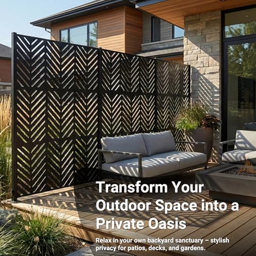 Metal Privacy Screen Outdoor – 6FT Freestanding Decorative Steel Panel with Stand, Laser-Cut Chevron Pattern Modern Privacy Divider, Rustproof & Weather-Resistant Screen for Patio, Garden & Backyard TALLYVER