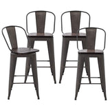 Alunaune 24" Swivel Metal Counter Height Bar Stools Set of 4 High Back Industrial Bar Chairs Kitchen Barstools with Large Wooden Seat-Rusty Alunaune