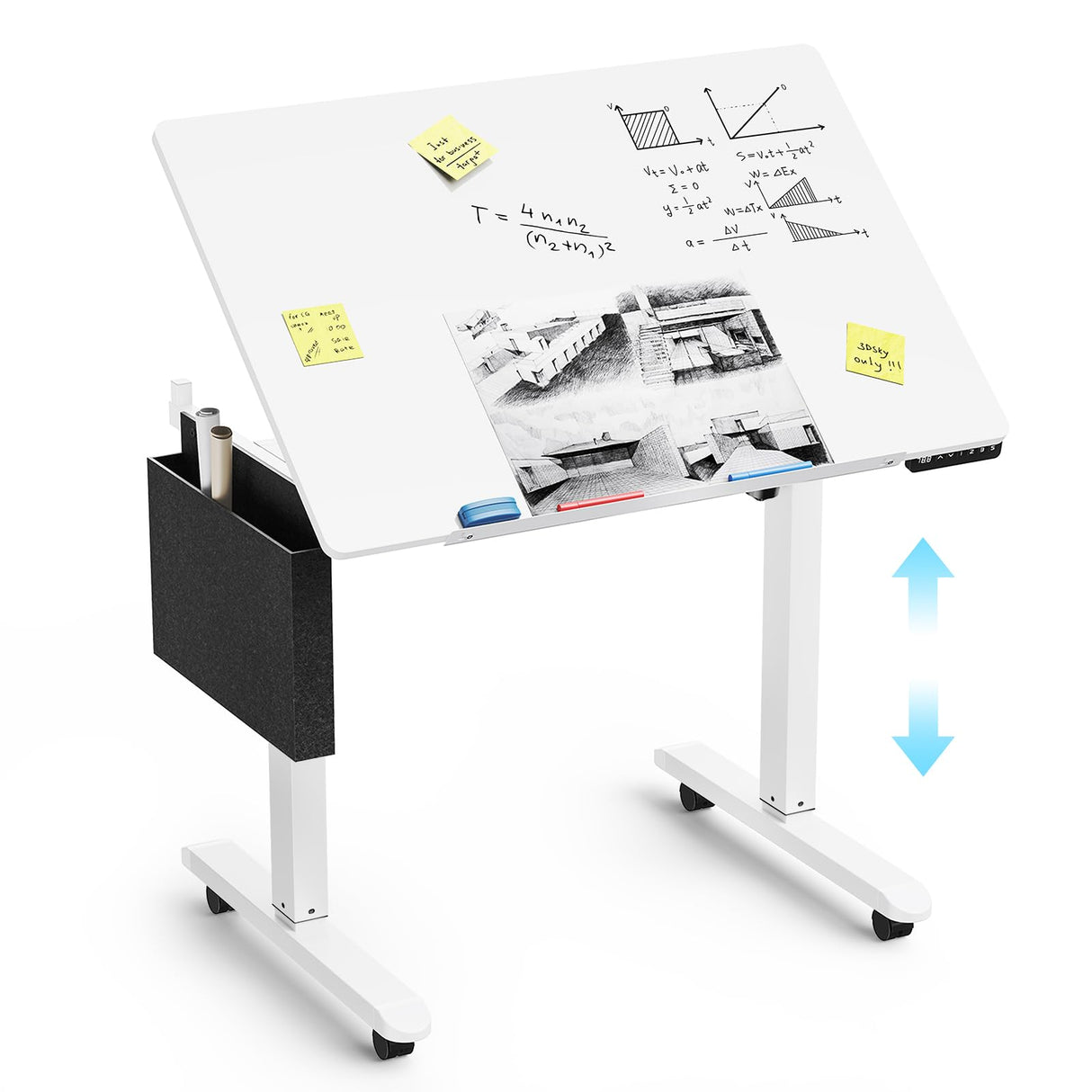 ERGO COLLECT Standing Desk with Whiteboard – Electric Height Adjustable Drafting Table, Flip Dry Erase Top, Mobile Drawing Desk with Wheels & Storage Bag for Home, Office, Studio, Art ERGO COLLECT