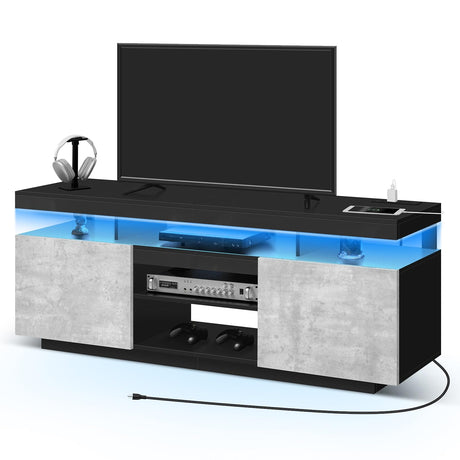 HOMMPA LED TV Stand with Power Outlets for 70/65/60/55 inch TV Modern Entertainment Center with Storage, Gaming TV Consoles with LED Lights Game Cabinet for Living Room Grey& Black HOMMPA