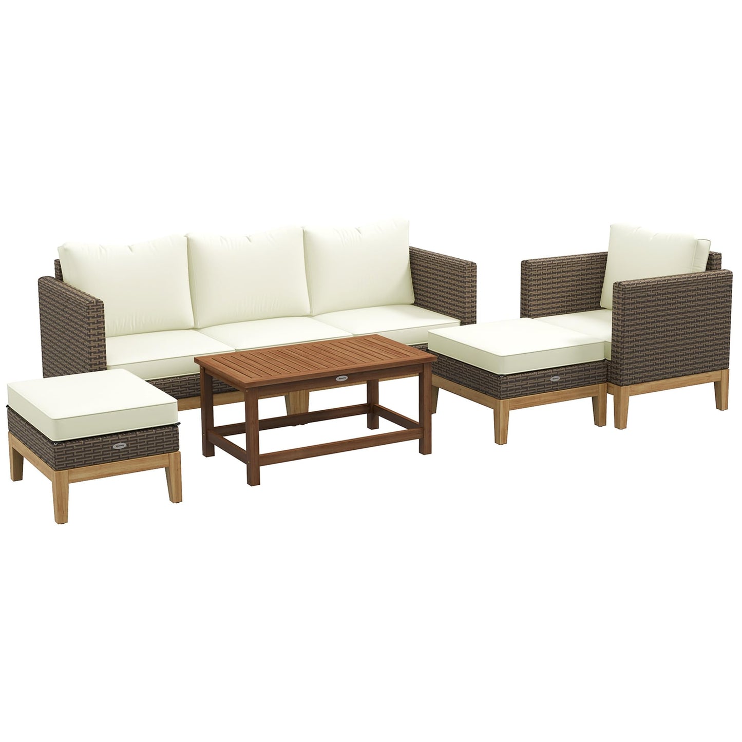 Outsunny Wooden Patio Furniture Set with Thick Padded Cushions, 5-Piece PE Rattan Sectional Sofa with Acacia Wood Top Coffee Table, Outdoor Conversation Set, Cream White - WoodArtSupply