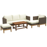 Outsunny Wooden Patio Furniture Set with Thick Padded Cushions, 5-Piece PE Rattan Sectional Sofa with Acacia Wood Top Coffee Table, Outdoor Conversation Set, Cream White Outsunny