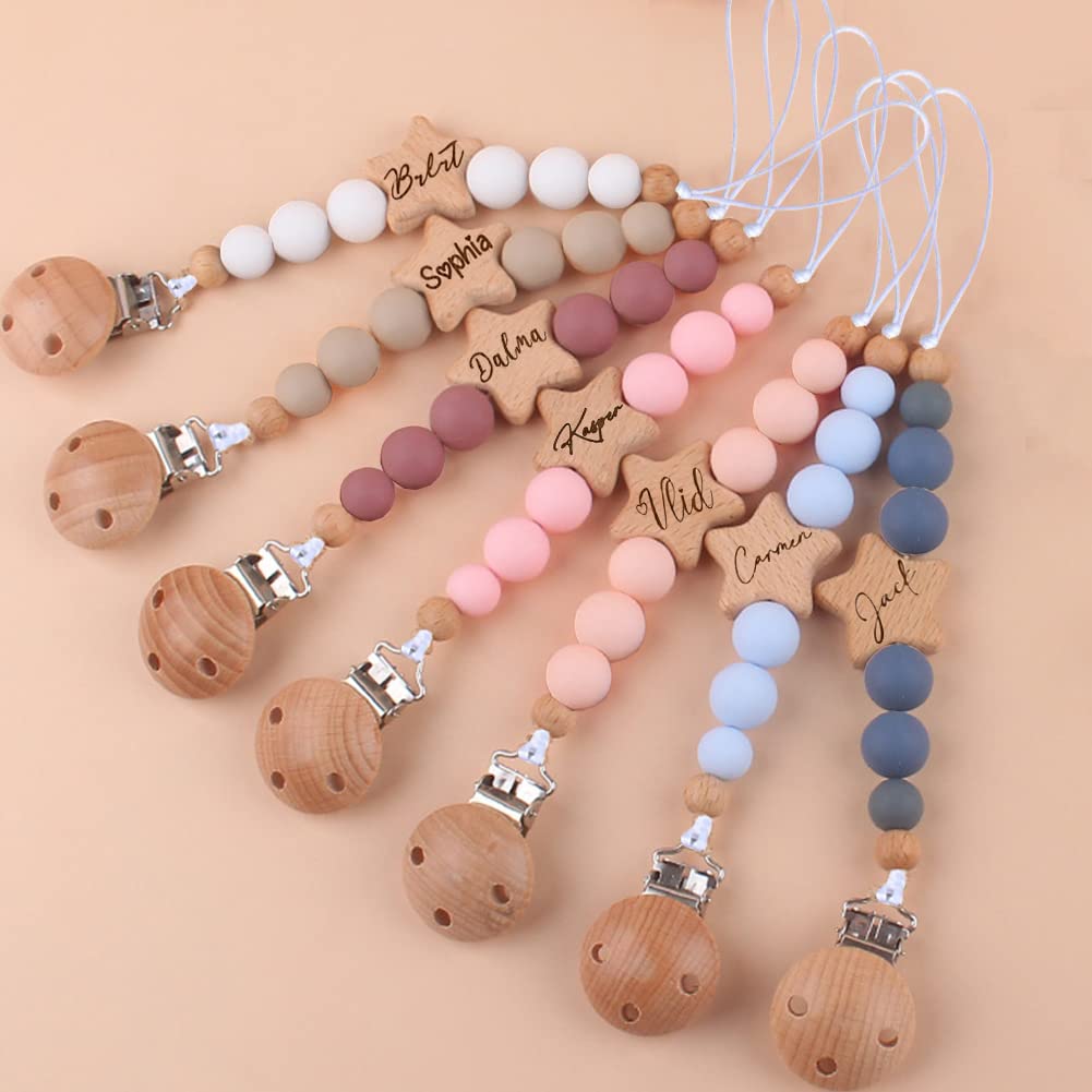 Personalized Pacifier Clip with Name,Custom Stroller Clip Silicone Pacifier Clip Gift for Boys Girls(Star) auysolty