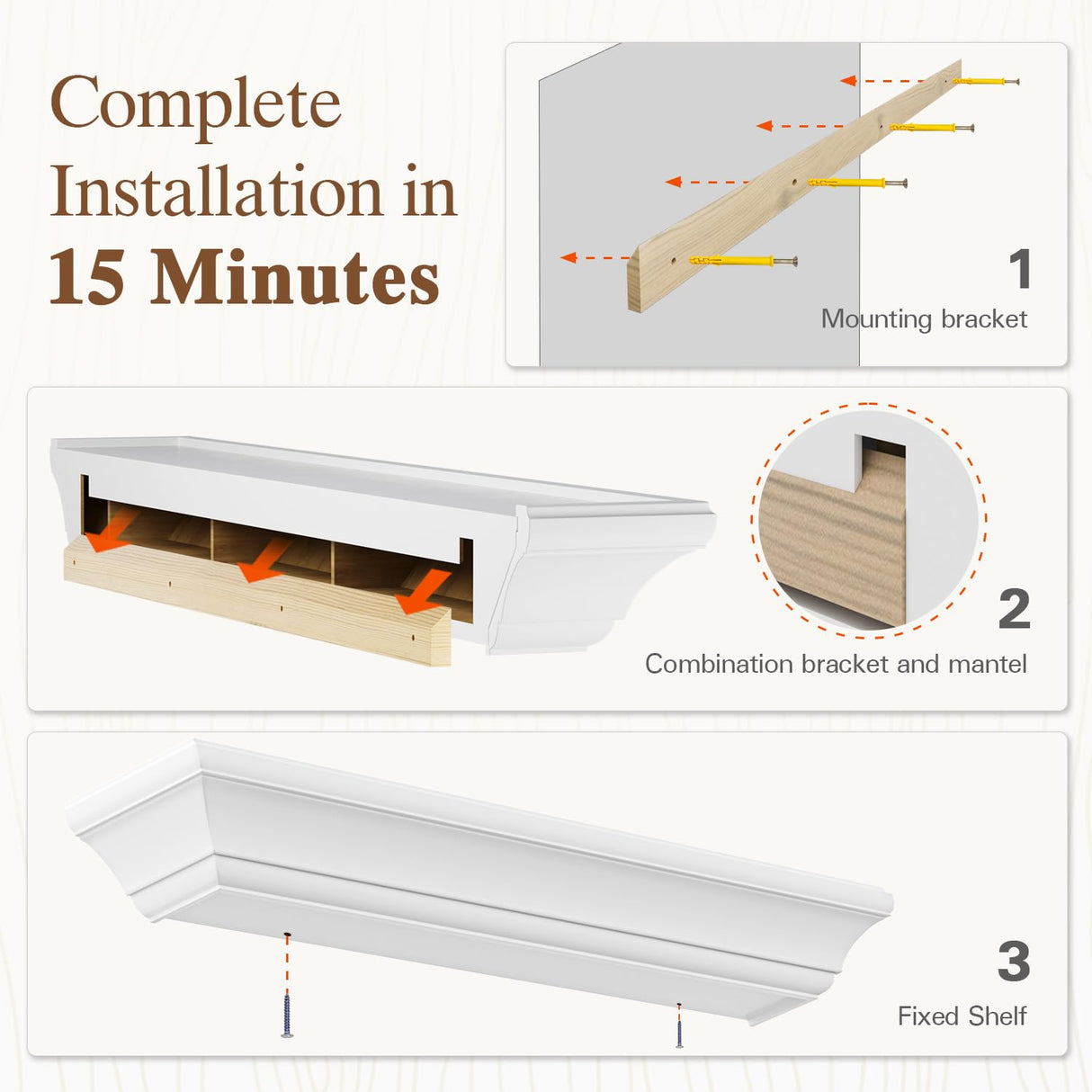 Eshoma Fireplace Mantel - 60 Inch Floating Shelf for Over Fireplace - Wood Mantel with Invisible Heavy Duty Wood Bracket - Floating Mantel Shelf for Wall, White, 60 X 8 X 6 Eshoma