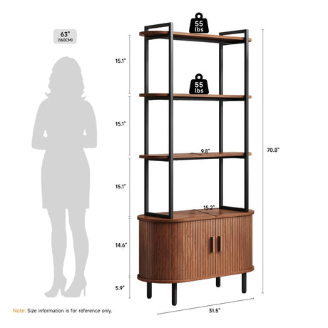 ONBRILL 71" Tall Bookshelf, 4-Tier Book Shelf with Storage Cabinet, Modern Bookcase with Sliding Door and Adjustable Footpad, Freestanding Storage Organizer Bookshelf for Living Room, Bedroom, Walnut ONBRILL