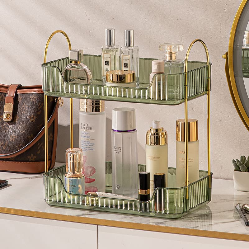 shuang qing Bathroom Counter Organizer Countertop Storage, Cosmetics Skincare Shelf, Makeup Organizer Perfume for Dresser Vanity Tray, Spice Rack for Kitchen(2 Tier-Green) shuang qing