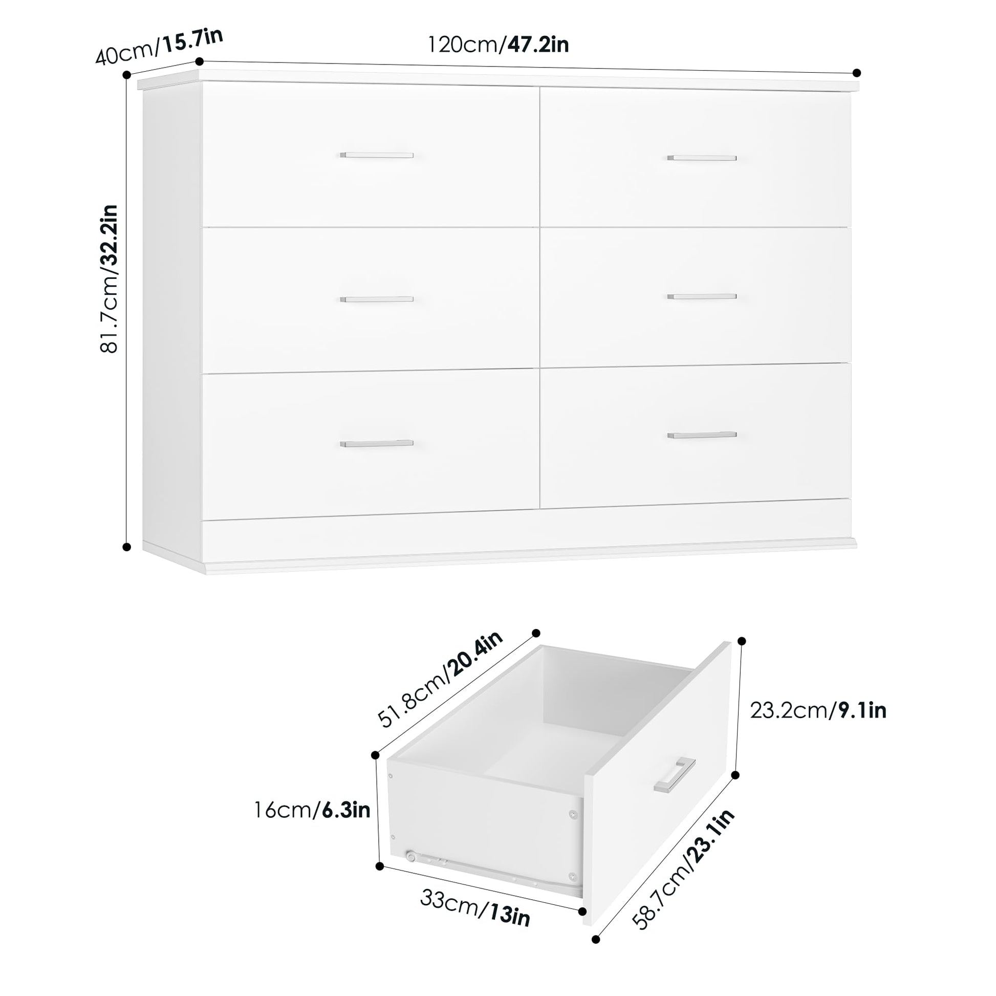 FOTOSOK White Dresser, 47.2'' Large 6 Drawer Dresser Wide Chest of Drawers for TV Stand, Modern Dresser White Floor Storage Drawer Cabinet for Home Office, White - WoodArtSupply