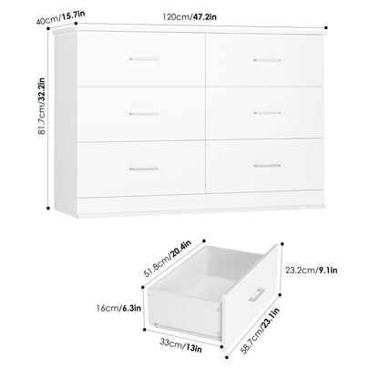 FOTOSOK White Dresser, 47.2'' Large 6 Drawer Dresser Wide Chest of Drawers for TV Stand, Modern Dresser White Floor Storage Drawer Cabinet for Home Office, White - WoodArtSupply