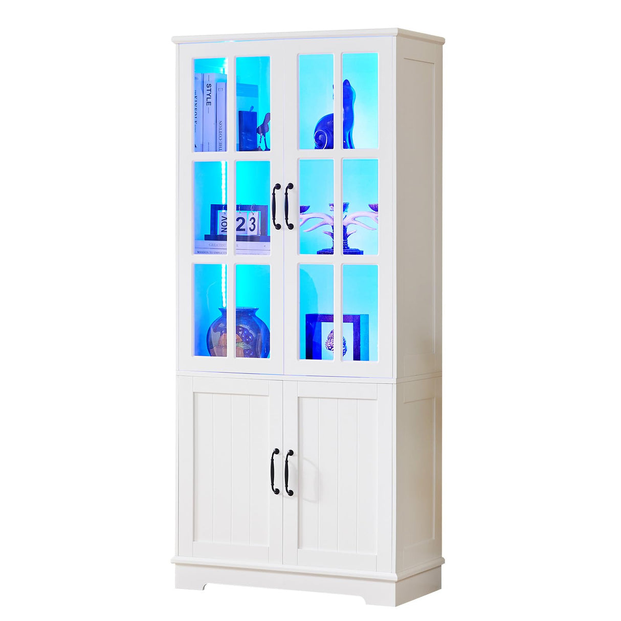 LUXOAK 71" Tall Bookshelf with Doors, LED Display Cabinet with 5-Tier Storage Shelves, White Bookcase for Study/Home Office/Living Room, 4-Door LUXOAK