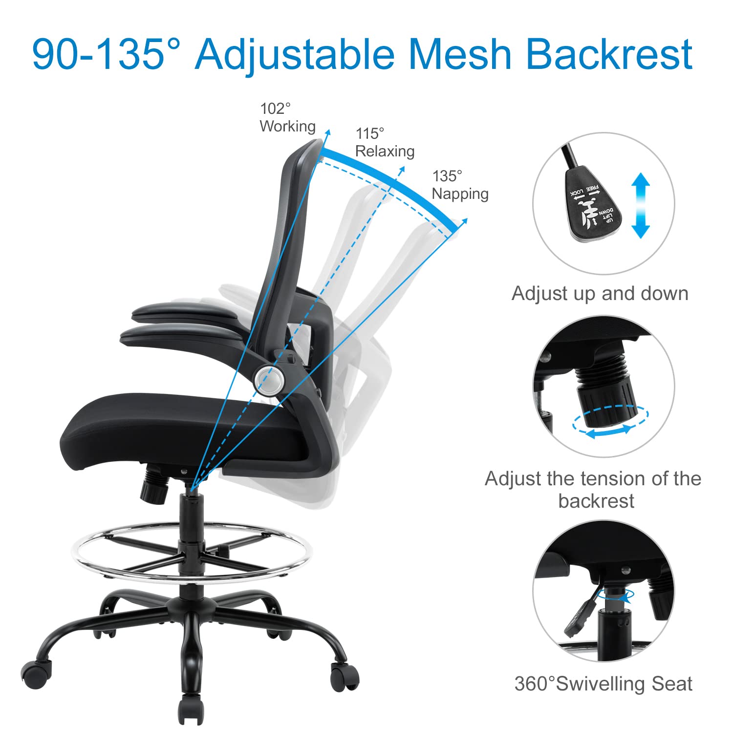 X XISHE Mesh Ergonomic Drafting Chair,Tall Adjustable Office Chair,Standing Desk Chair,Counter Height Office Chairs,Drawing Chair with Adjustable Foot Ring and PU Arms (Black) - WoodArtSupply