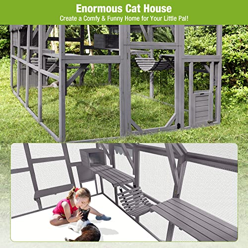Large Cat Run Wooedn Cat Houses Outdoor Enclosure, Catio Cat Cage Kitten Condo-Backyard Run Cage for Pets, Weather Proof Cover- 110" L MEDEHOO