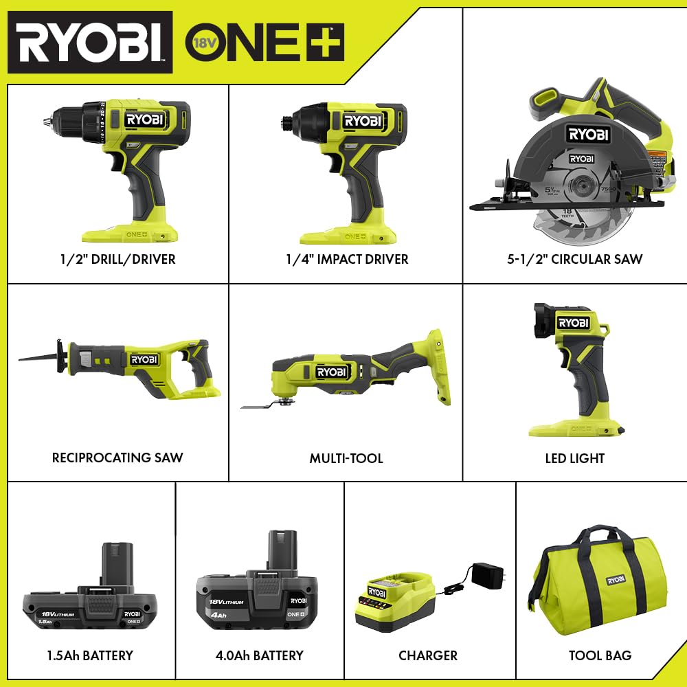 RYOBI ONE+ 18V Cordless 6-Tool Combo Kit with 1.5 Ah Battery, 4.0 Ah Battery, and Charger RYOBI