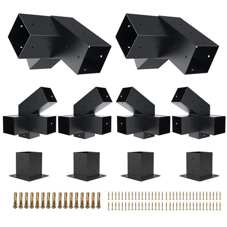 Grehitk Pergola Kit, Slanted Roof Pergola Brackets Kit, DIY Pergola Kit 3-Way 120° Corner Bracket and 40°4-Way Corner Bracket with Pergola Post Base for 4x4''Wood Beams Elevated Wood Stand Kit Grehitk