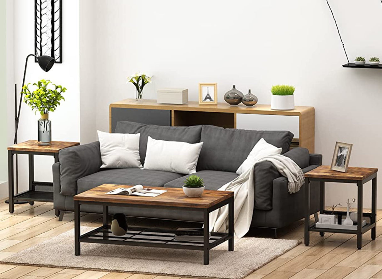 Lamerge 3 Pieces Living Room Table Set, Industrial Coffee Table with 2 Square End Side Tables, Coffee Table Set with Metal Frame for Apartment Home Office, Rustic Brown Lamerge