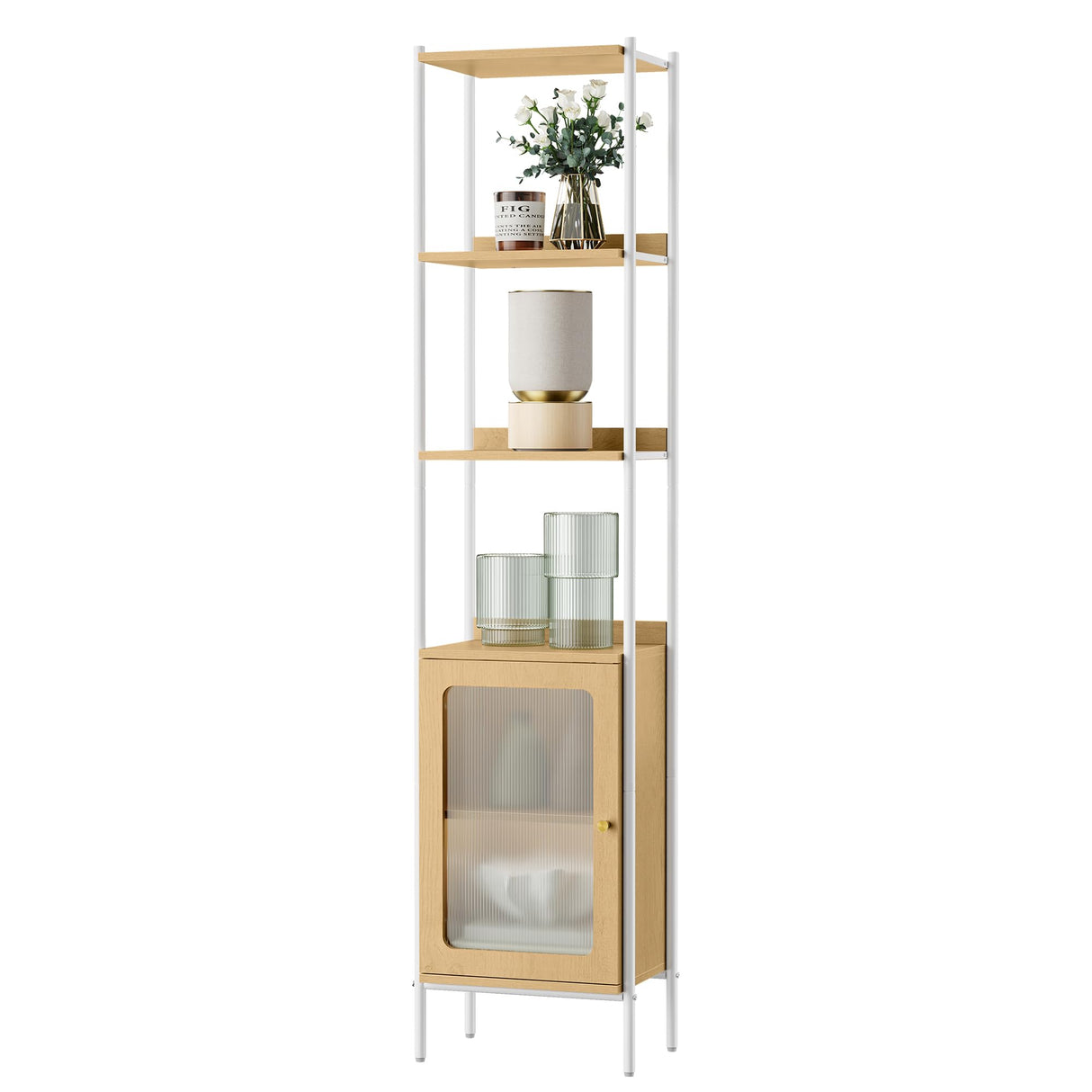 VASAGLE 6-Tier Bookcase, Slim Bookshelf with PC Door, Freestanding Storage Shelf with Metal Frame, Adjustable Shelf, for Living Room, Oak Beige and Pearl White ULLS123W57 VASAGLE