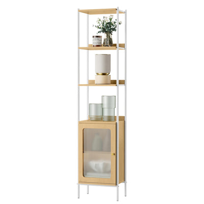 VASAGLE 6-Tier Bookcase, Slim Bookshelf with PC Door, Freestanding Storage Shelf with Metal Frame, Adjustable Shelf, for Living Room, Oak Beige and Pearl White ULLS123W57