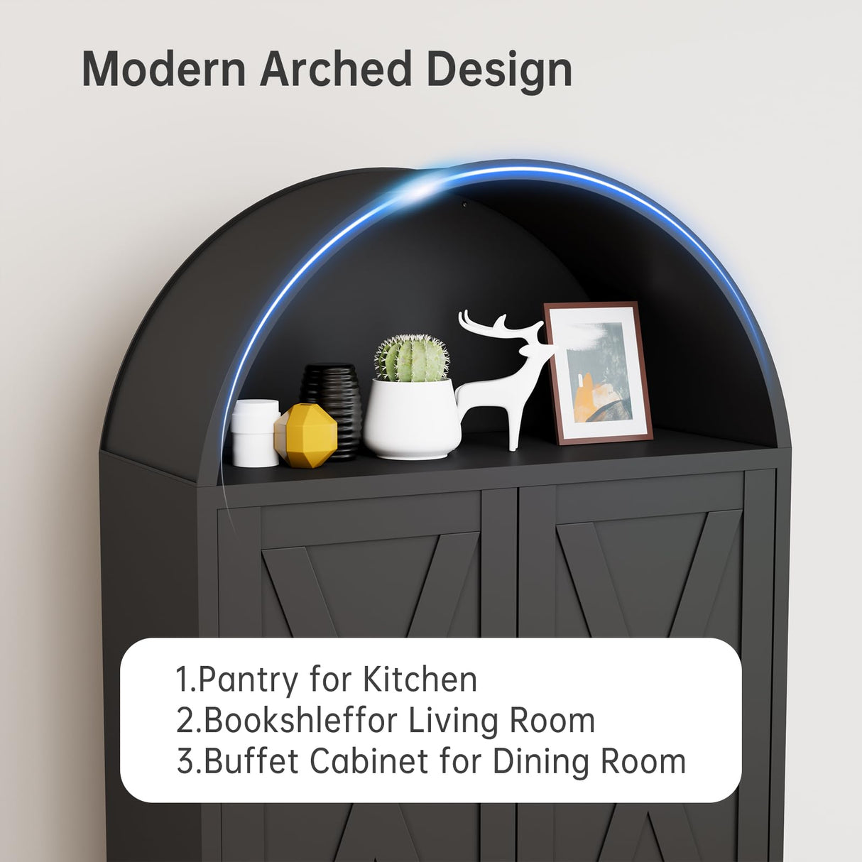 AUEYTVR 73" Metal Tall Arched Kitchen Pantry Cabinet,Arched Bookshelf China/Curio Cabinet Farmhouse Kitchen Storage Cabinets with 2 Doors&4 Adjustable Shelves,Glass Door for Dining Room AUEYTVR