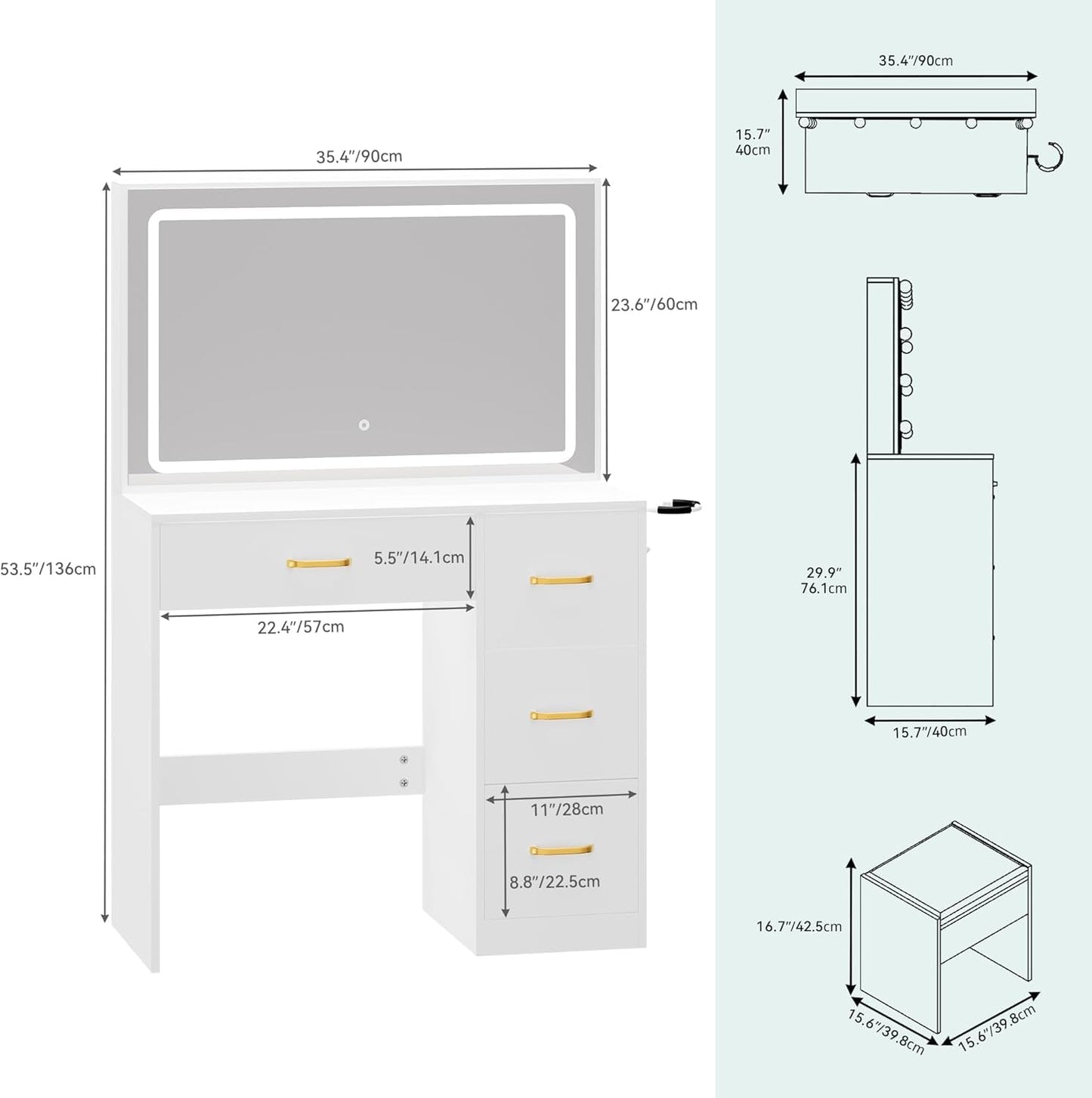 YITAHOME Vanity Desk with LED Lighted Mirror, Makeup Vanity Set with Power Strip, 4 Storage Drawers, Vanity Chair, Dressing Table with Ample Storage, Bedroom Furniture for Women, Ivory White