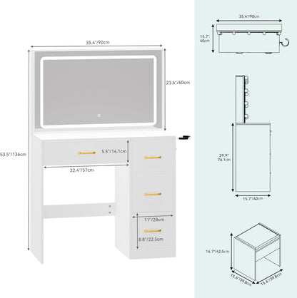 YITAHOME Vanity Desk with LED Lighted Mirror, Makeup Vanity Set with Power Strip, 4 Storage Drawers, Vanity Chair, Dressing Table with Ample Storage, Bedroom Furniture for Women, Ivory White