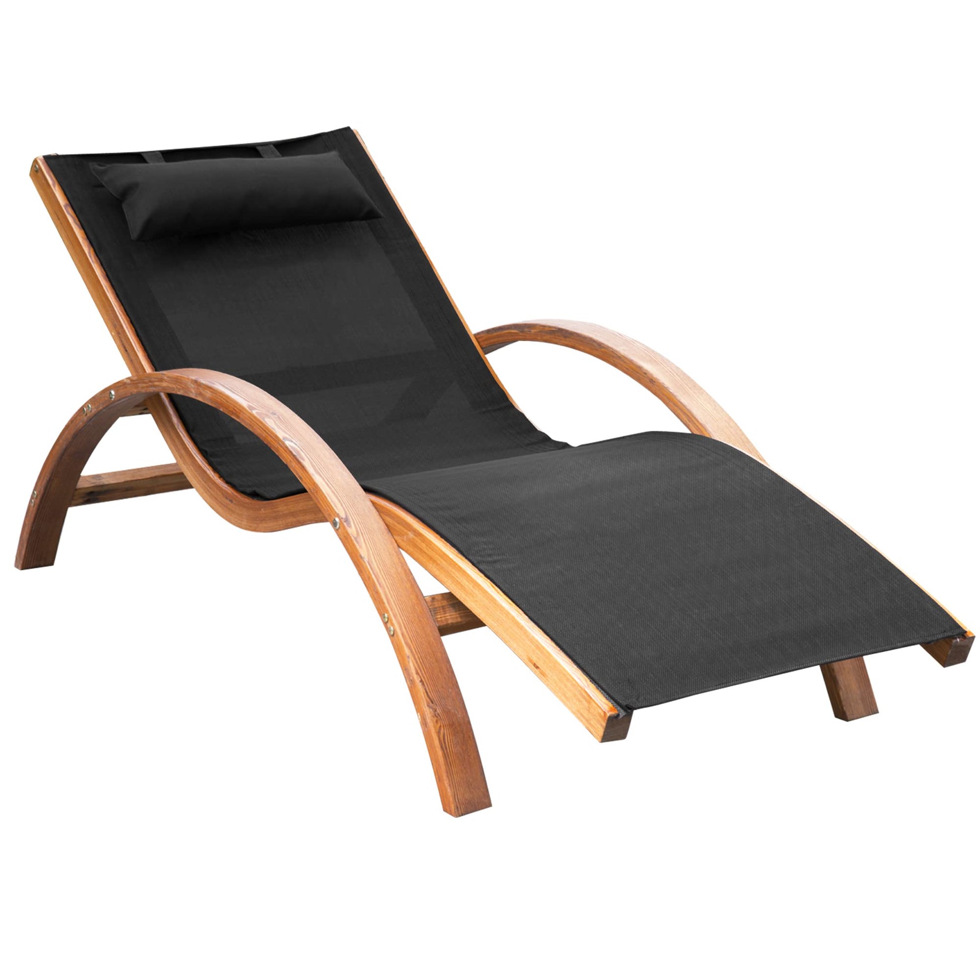 Outsunny Outdoor Chaise Wood Lounge Chair with Pillow, Armrests, Breathable Sling Mesh and Comfortable Curved Design for Patio, Deck, and Poolside - WoodArtSupply