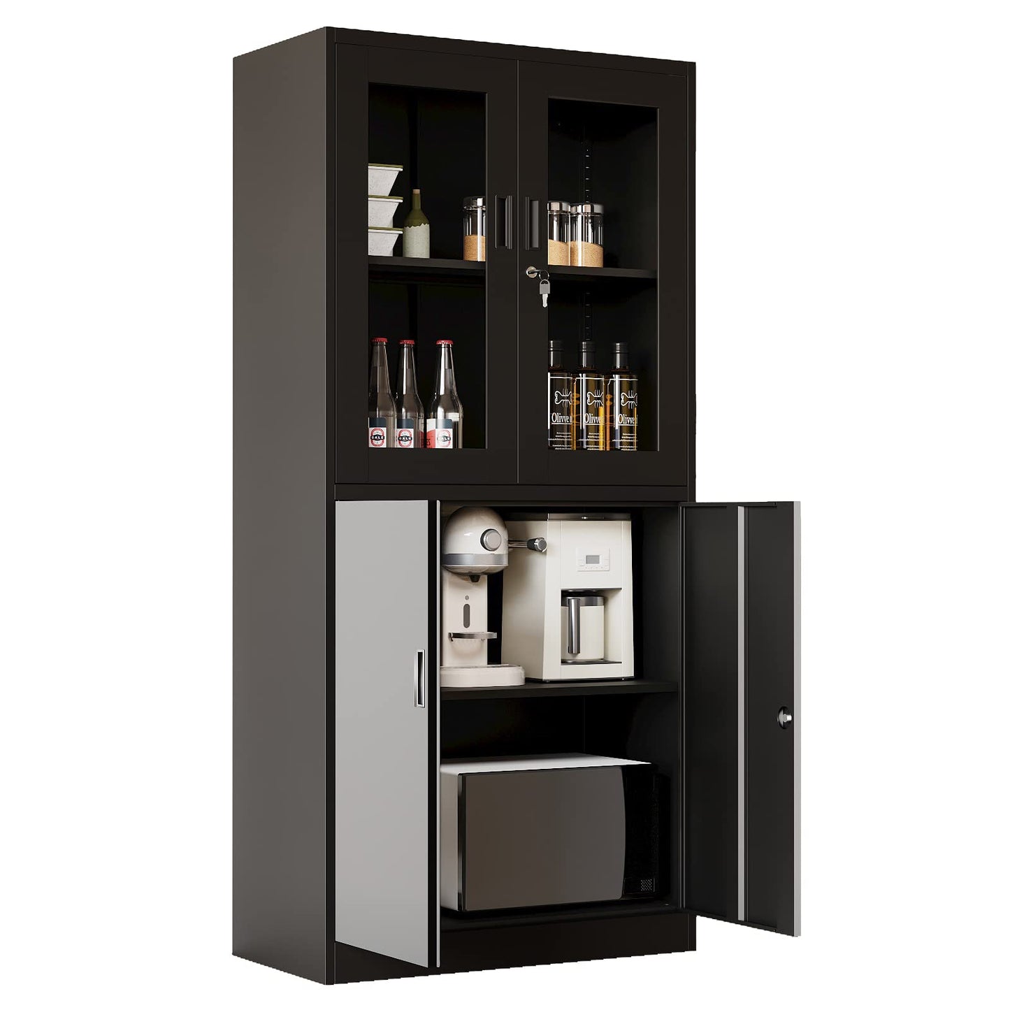 Yizosh Metal Storage Cabinet with Glass Doors - 71" Locking Display Cabinet with 2 Adjustable Shelves, 4-Tier Tall Steel Cabinet Locker for Kitchen, Living Room, Dining Room (Black) - WoodArtSupply