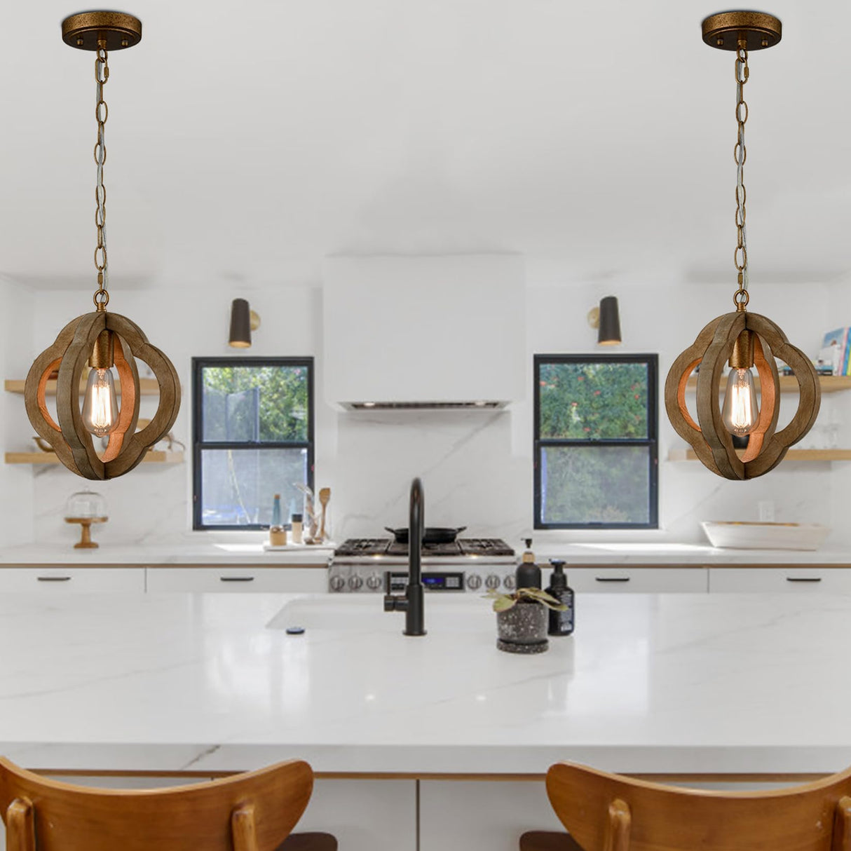 SAMTEEN Farmhouse Wood Pendant Lights Kitchen Island, Vintage Wooden Pendant Lighting Rustic 1-Light Wood Hanging Ceiling Light Fixture for Hallway Bedroom Entrance, Adjustable Chain SAMTEEN