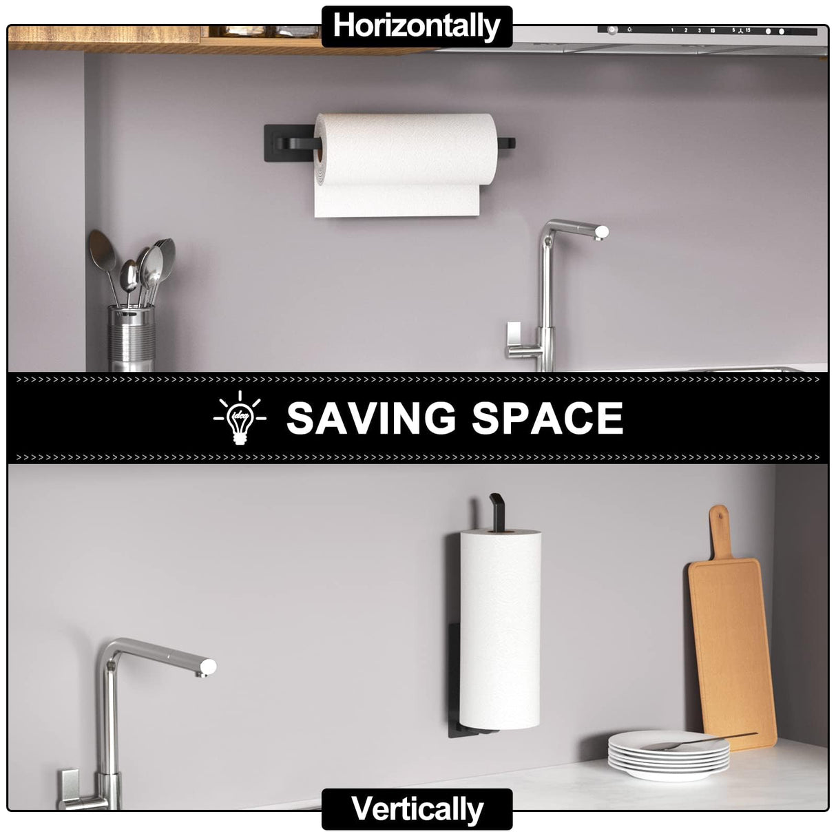 Paper Towel Holder - Self-Adhesive or Drilling, Matte Black, Upgraded Aluminum Kitchen Roll Dispenser Under Cabinet, Lighter but Stronger Than Stainless Steel! niffgaff