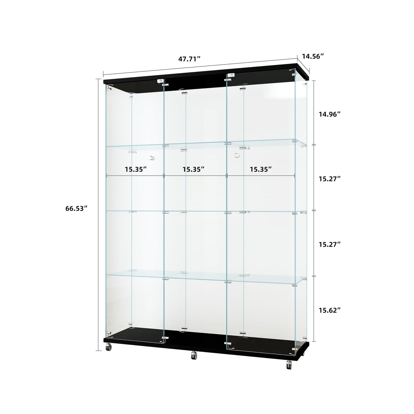 Henf Glass Display Cabinet with 4 Shelves&Wheels,Extra Large Double Doors Curio Cabinets with Lock Floor Standing Display Case Display Case for Living Room,47.71" W x 14.37" D x 66.53" H,Black