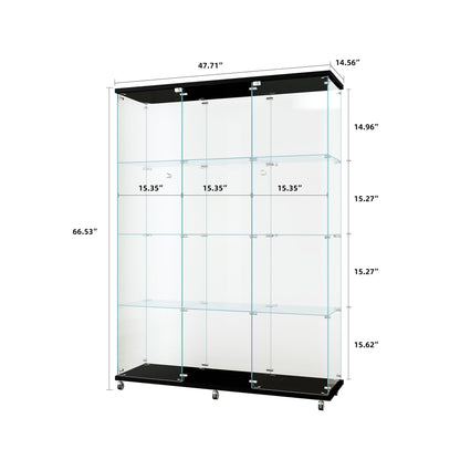 Henf Glass Display Cabinet with 4 Shelves&Wheels,Extra Large Double Doors Curio Cabinets with Lock Floor Standing Display Case Display Case for Living Room,47.71" W x 14.37" D x 66.53" H,Black