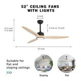OUATER Ceiling Fans with Lights and Remote, 52 inch Wood Ceiling Fan with Light,3 Color Light,DC Motor,for Bedroom/Outdoor/Patios,Natural Wood OUATER