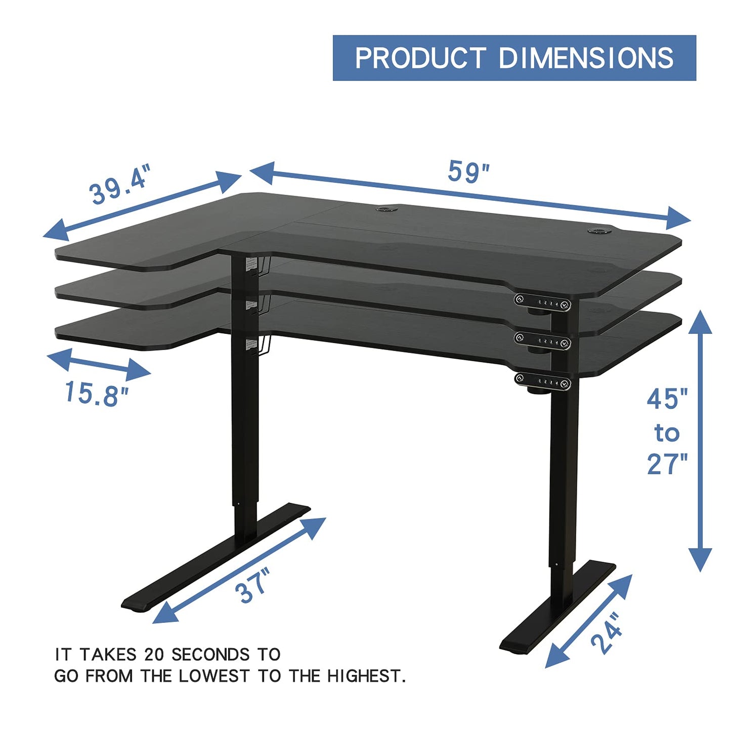 bilbil L-Shaped Electric Height Adjustable Standing Desk 59 Inches, Stand Up Rising Table for Home Office with Splice Board, Black Frame and Top - WoodArtSupply