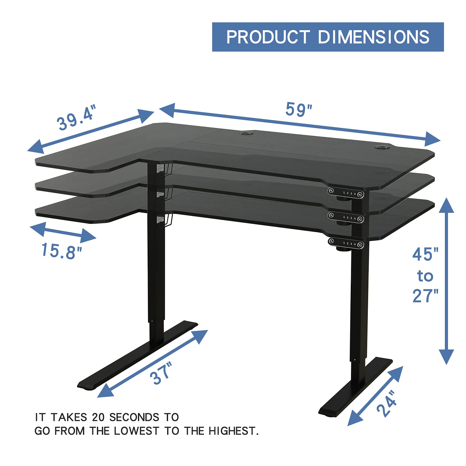 bilbil L-Shaped Electric Height Adjustable Standing Desk 59 Inches, Stand Up Rising Table for Home Office with Splice Board, Black Frame and Top - WoodArtSupply