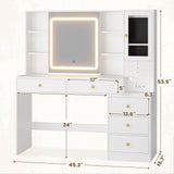 HAUOMS Makeup Vanity with Lights & Sliding Mirror, Vanity Desk with Jewelry Organizer, Glass Cabinet & 5 Drawers, Dressing Table, Modern White HAUOMS