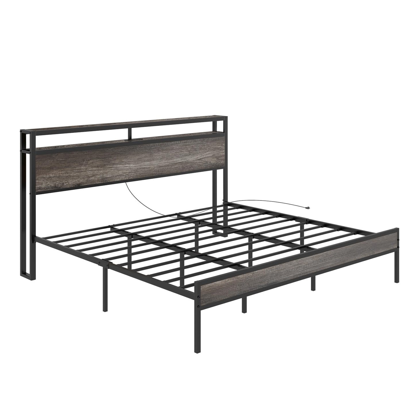 AMERLIFE King Size Industrial Platform Bed with Charging Station and 2-Tier Storage Headboard in Rustic Grey - WoodArtSupply