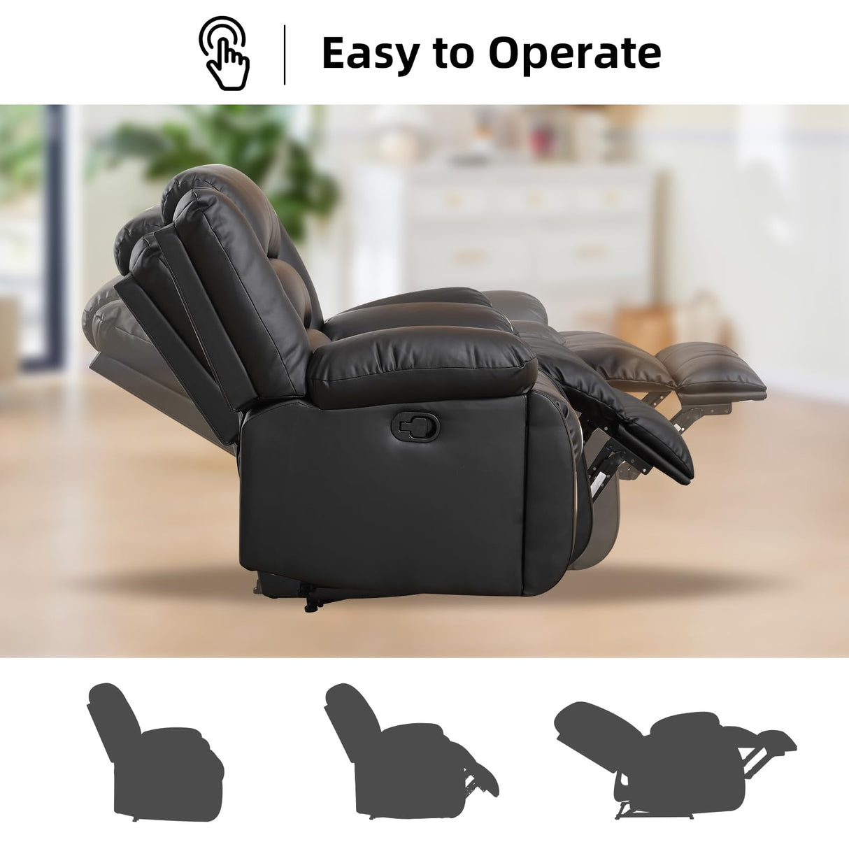 EBELLO Faux Leather Manual Recliner Sofa Set, 3 Seat Reclining Sofa, Couch Furniture Set for Living Room, Black EBELLO
