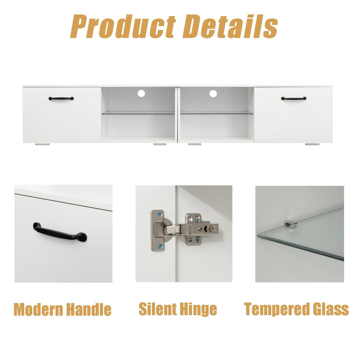 DMAITH LED TV Stand for 70 75 Inch TVs, High Gloss Entertainment Center with Blue LED Lighting, Dual Cabinets & 4 Open Shelves, Soft Close Hinged Doors with Handles for Living Room & Bedroom, White DMAITH