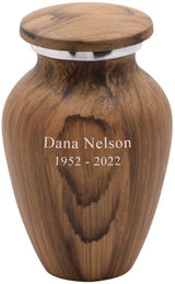 Personalized Oak Wood Finish Keepsake Cremation Urn for Ashes - Aluminum Urn with Painted Oak Wood Finish - 3 Cubic Inch Capacity [2.5 tablespoons of Mainely Urns